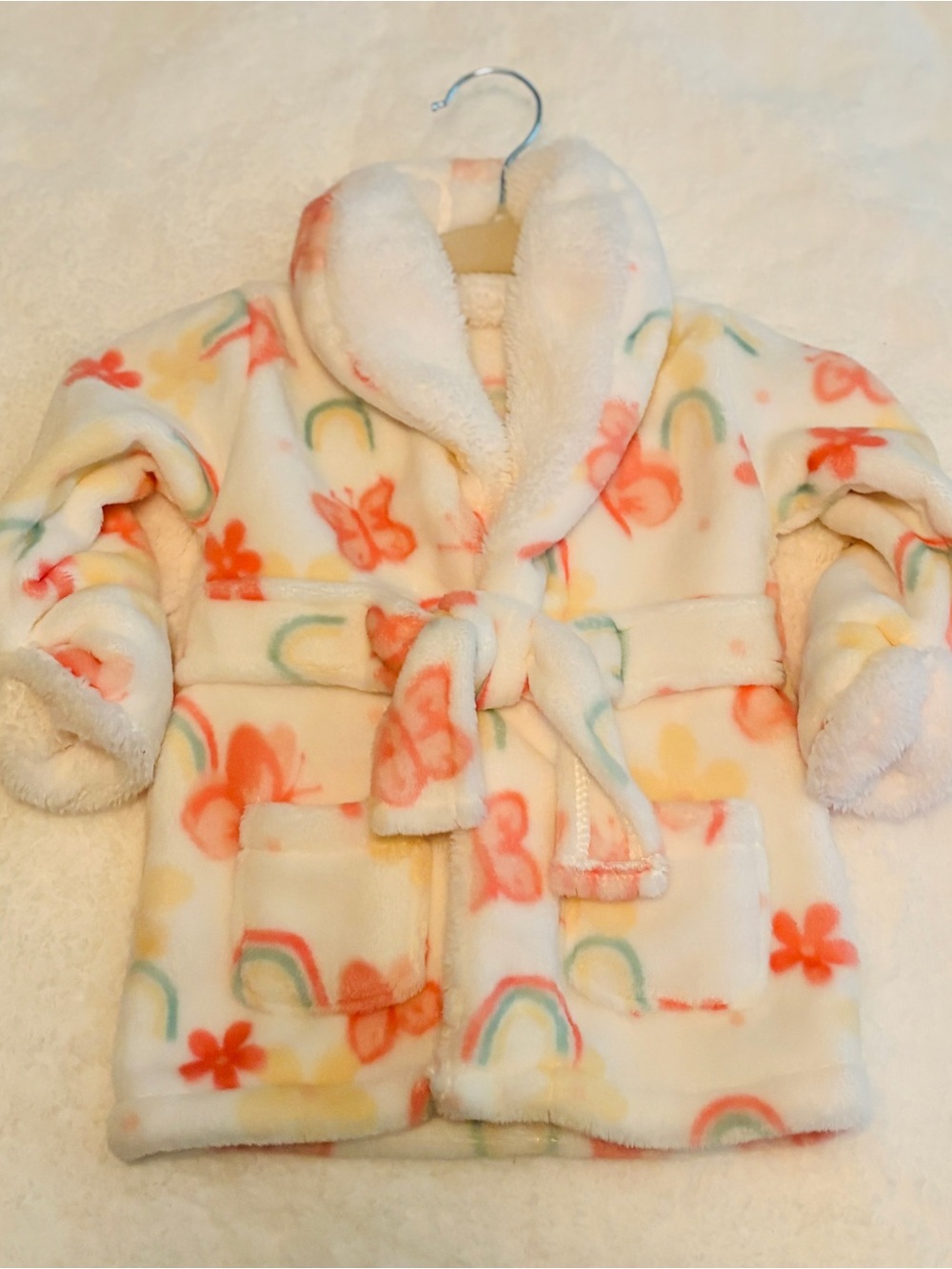 Cozy Cream Plush Kids Bathrobe with Pink Floral & Rainbow Print